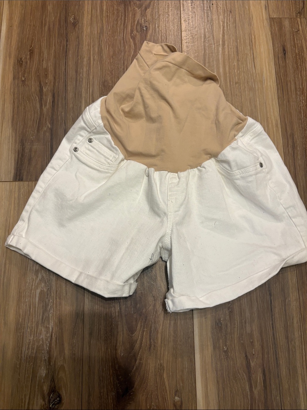 Motherhood Maternity White Denim Shorts with Beige Maternity Panel